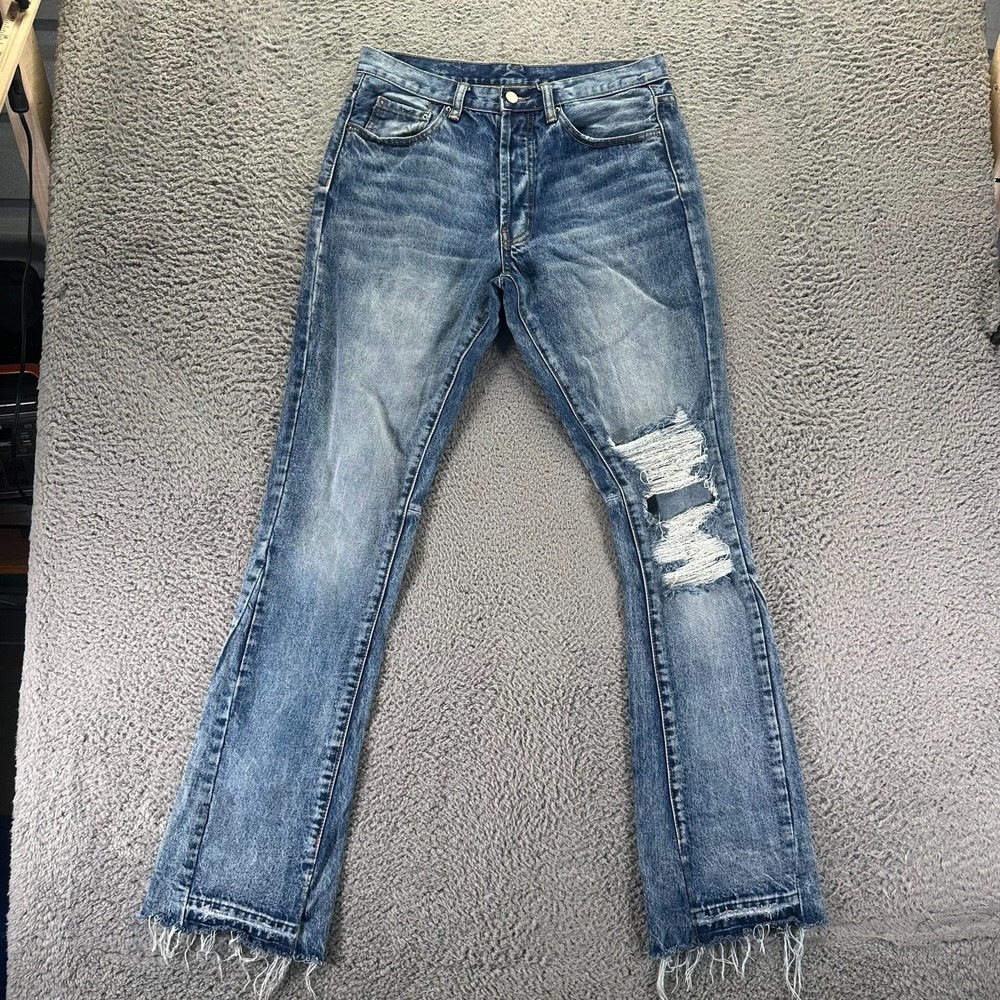 Mnml Jeans Men 30x35 Blue Cotton Denim Flared Faded Distressed Button-Fly Travel